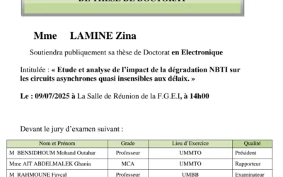 Avis de soutenance de thèse de doctorat en électronique de Mme LAMINE Zina
