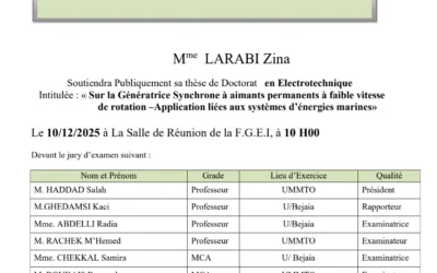 Avis de soutenance de thèse de doctorat en Electrotechnique de Madame LARABI Zina