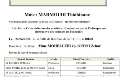 Avis de Soutenance de Thèse de Doctorat LMD de Mme MAHMOUDI Thinhinane