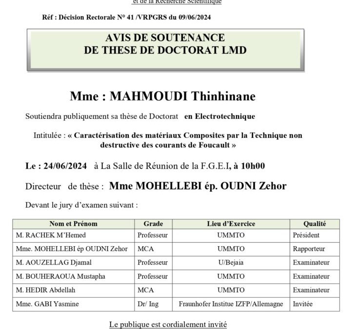 Avis de Soutenance de Thèse de Doctorat LMD de Mme MAHMOUDI Thinhinane