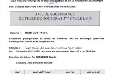 Avis de soutenance de thèse de doctorat LMD en Sociologie de Madame MAHTOUT Thiziri