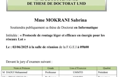 Avis de soutenance de thèse de doctorat LMD en informatique de Mme MOKRANI Sabrina