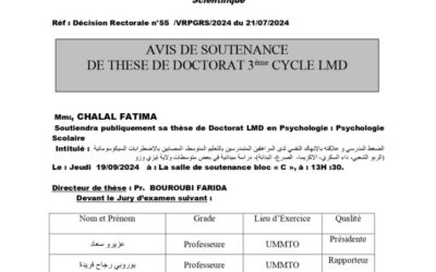 Avis de Soutenance de Thèse de Doctorat LMD de Mme CHALAL FATIMA