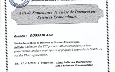 Avis de Soutenance de Thèse Doctorat en Sciences Economiques de Mr OUSSAID Aziz