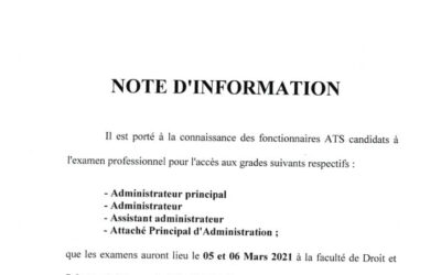 Avis aux fonctionnaires candidats à l&rsquo;examen professionnel grade(Administrateur, Administrateur principal,Assistant administrateur,Attaché principal d&rsquo;administration)
