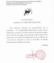 Avis d’infructuosité consultation N°11/SMM/FDSP/UMMTO/2018