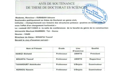 Avis de soutenance de thèse de doctorat en Génie Civil de Monsieur OURABAH Adnane