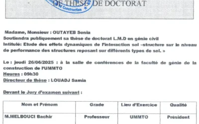 Avis de soutenance de thèse de doctorat LMD en Génie Civil de Mme OUTAYEB Sonia