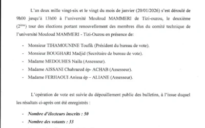 Procès-Verbal de Dépouillement: 2eme tour des Elections pour le renouvellement du comité technique de l’Université