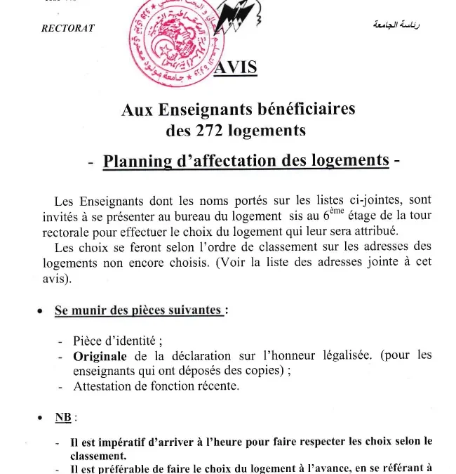 Planning d&rsquo;affectation des 272 logements