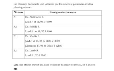 Formation Doctorale : Planning des ateliers d’Anglais Session Mars 2024