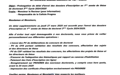 Prolongation du délai d’envoi des dossiers d’inscription en 1ere année de thèse de doctorat 3eme Cycle 2024/2025