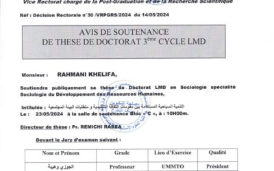 Avis de Soutenance de Thèse de Doctorat LMD de Mr RAHMANI Khelifa