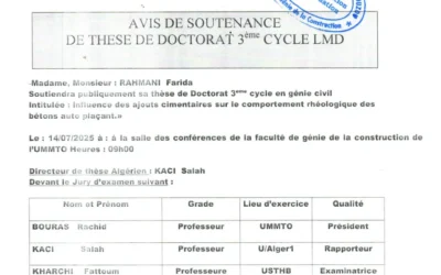 Avis de soutenance de thèse de doctorat LMD en Génie civil de Madame RAHMANI Farida
