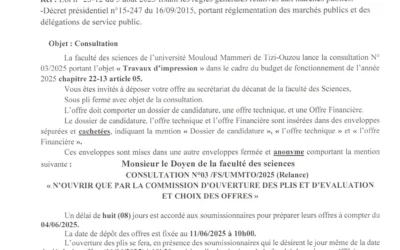 Relance de la consultation N°03/FS/UMMTO/2025