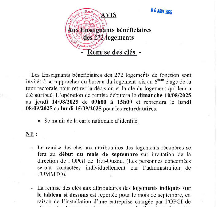 Avis aux bénéficiaires des 272 lgts: Remise des clés