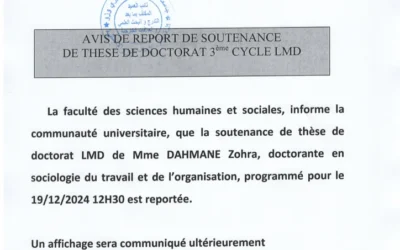 Avis de Soutenance de Thèse de Doctorat LMD de Mme DAHMANE Zohra