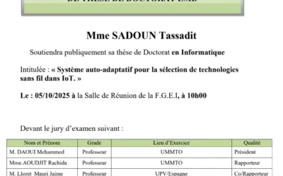 Avis de soutenance de thèse de doctorat LMD en informatique de Mme SADOUN Tassadit