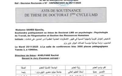 Avis de soutenance de thèse de doctorat LMD en Psychologie de Madame SAHED Djamila