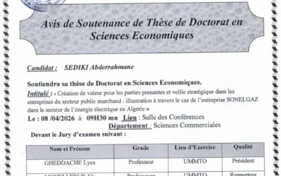 Avis de soutenance de thèse de doctorat en Sciences économique de Monsieur SEDIKI Abderrahmane
