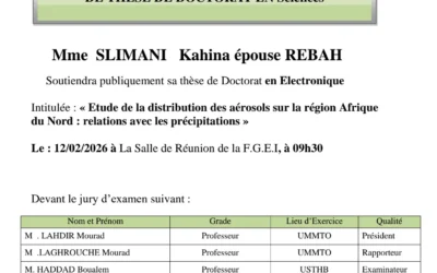 Avis de soutenance de thèse de doctorat en Electronique de Madame SLIMANI Kahina épouse REBAH