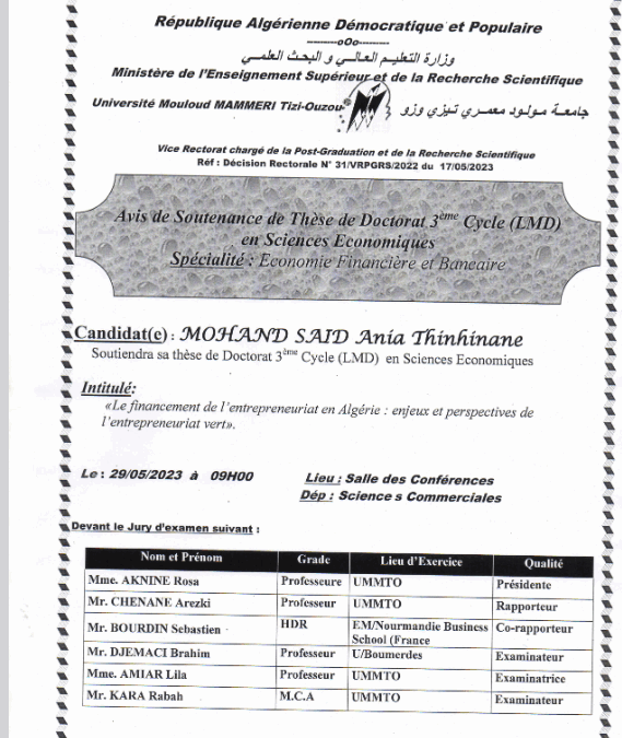 Avis de soutenance MOHAND SAID ANIA THINHINANE