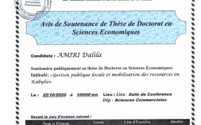 Avis de soutenance de thèse de Doctorat en Sciences Économiques de AMIRI Dalila
