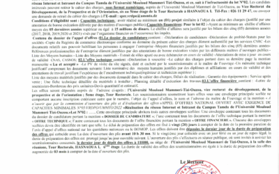 Avis de relance appel d’offre national avec exigence de capacités minimales N°05/VRDPO/UMMTO/2023
