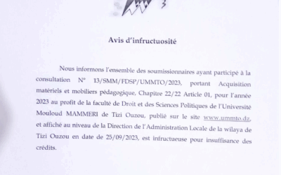 Avis d’infructuosité consultation N°13/SMM/FDSP/UMMTO/2023