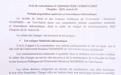Avis de consultation N°15/SMM/FDSP/UMMTO/2023