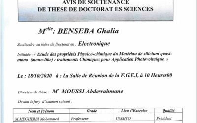 Avis de soutenance de thèse de Doctorat en Electronique de Mlle BENSEBA Ghalia