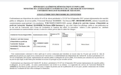 Avis d’attribution consultation  N°01/VRDPO/UMMTO/2020