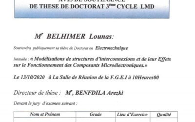 Avis de soutenance de thèse de Doctorat en électrotechnique de M.BELHIMER LOUNAS