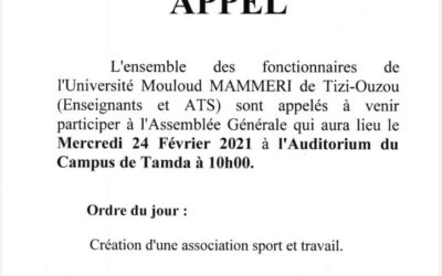 Avis aux fonctionnaires :assemblée générale qui a pour but :création d&rsquo;une association sport et travail