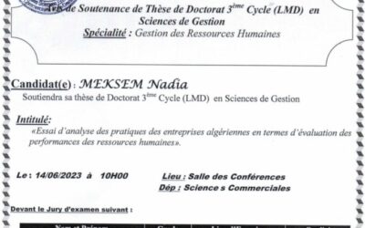 Avis de soutenance de Mme. MEKSEM Nadia