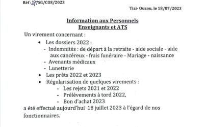 Avis aux fonctionnaires ATS et Enseignants :virements