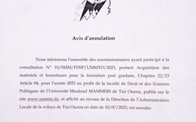 Avis d’annulation de la consultation N°10/SMM/FDSP/UMMTO/2023