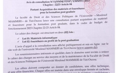 Avis de consultation N 11/SDMM/UMMTO /2023