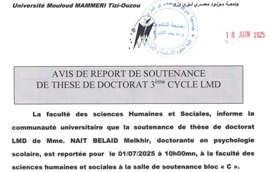 Avis de report de la soutenance de Madame NAIT BELAID Melkhir