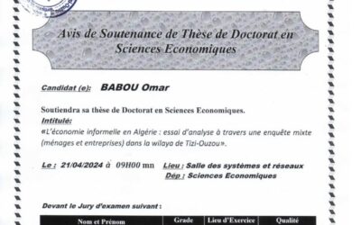Avis de Soutenance de Thèse de Doctorat en Science Economiques de Mr BABOU Omar