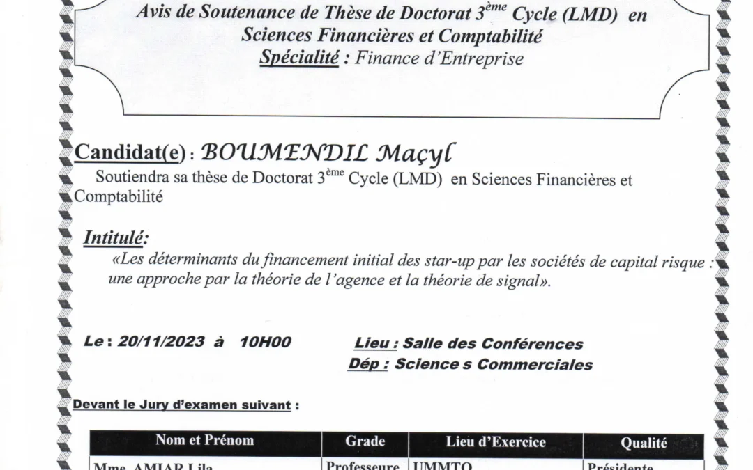 Avis de soutenance de thèse de Doctorat LMD: Monsieur Boumandil Maçyl