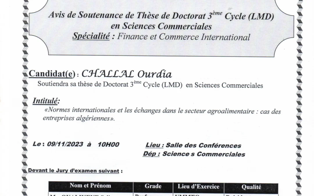Avis de soutenance de thèse de doctorat LMD : Madame CHALLAL Ourdia