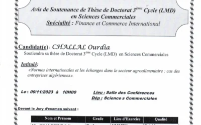 Avis de soutenance de thèse de doctorat LMD : Madame CHALLAL Ourdia