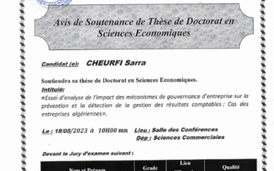 Avis de soutenance Mme CHEURFI SARRA