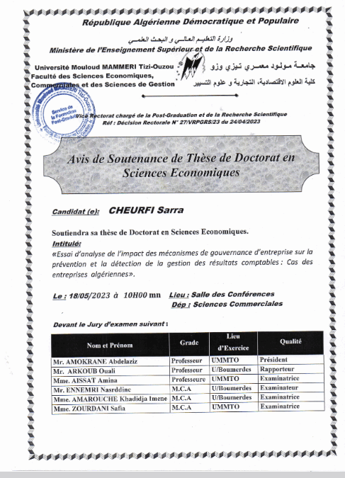 Avis de soutenance Mme CHEURFI SARRA