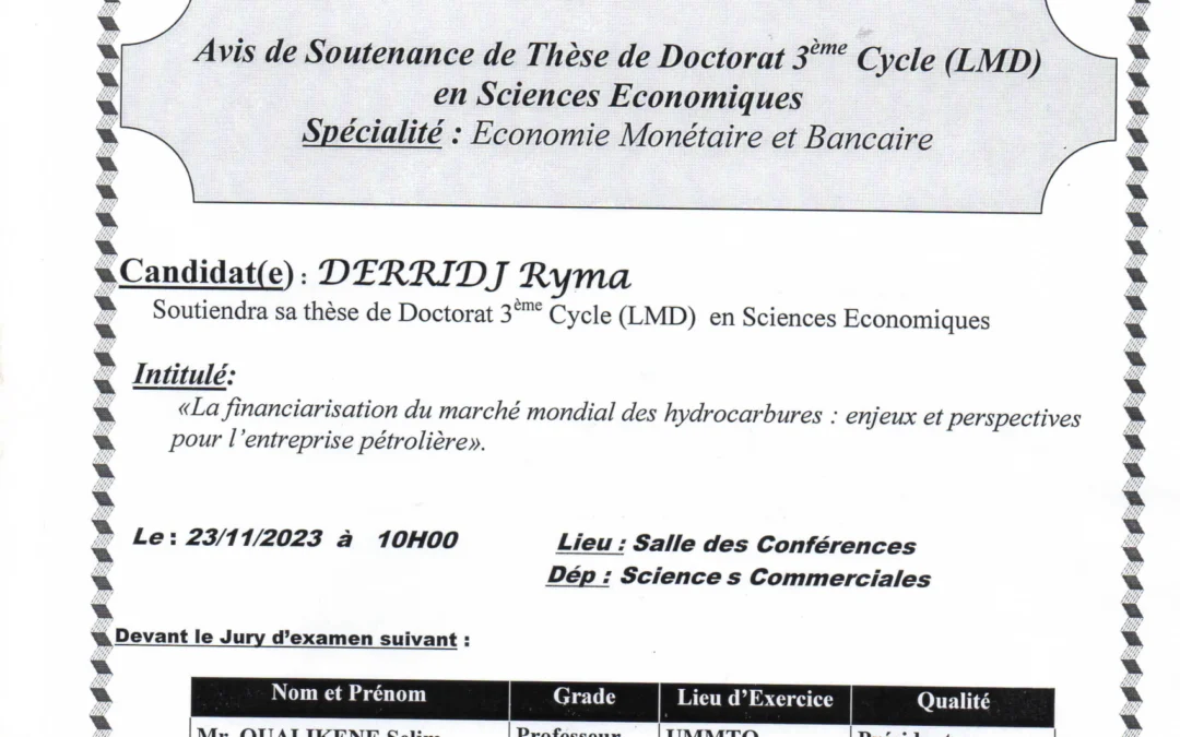 Avis de soutenance de thèse de Doctorat LMD: Derridj Ryma