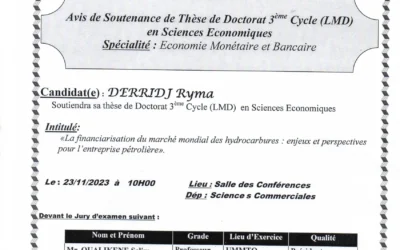 Avis de soutenance de thèse de Doctorat LMD: Derridj Ryma