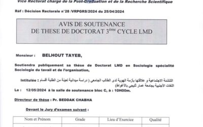Avis de Soutenance de Thèse de Doctorat  LMD de Mr BELHOUT Tayeb