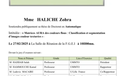 Avis de soutenance de thèse de doctorat en automatique de Mme HALICHE Zohra