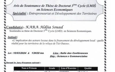 Avis de Soutenance de Thèse de Doctorat 3eme cycle LMD de Mme KARA Aldjia Souad